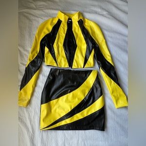 XS Black and Yellow PU leather mini skirt set